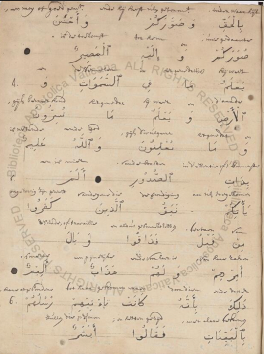 Figure 2. The second page of the VOC administrator’s grammatical exercise from Arabic to Dutch. Biblioteca Apostolica Vaticana, Vat.ind.7, f. 115v.